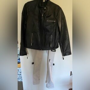 2pcs Old Navy Black Leather Jacket with Vintage White Pants